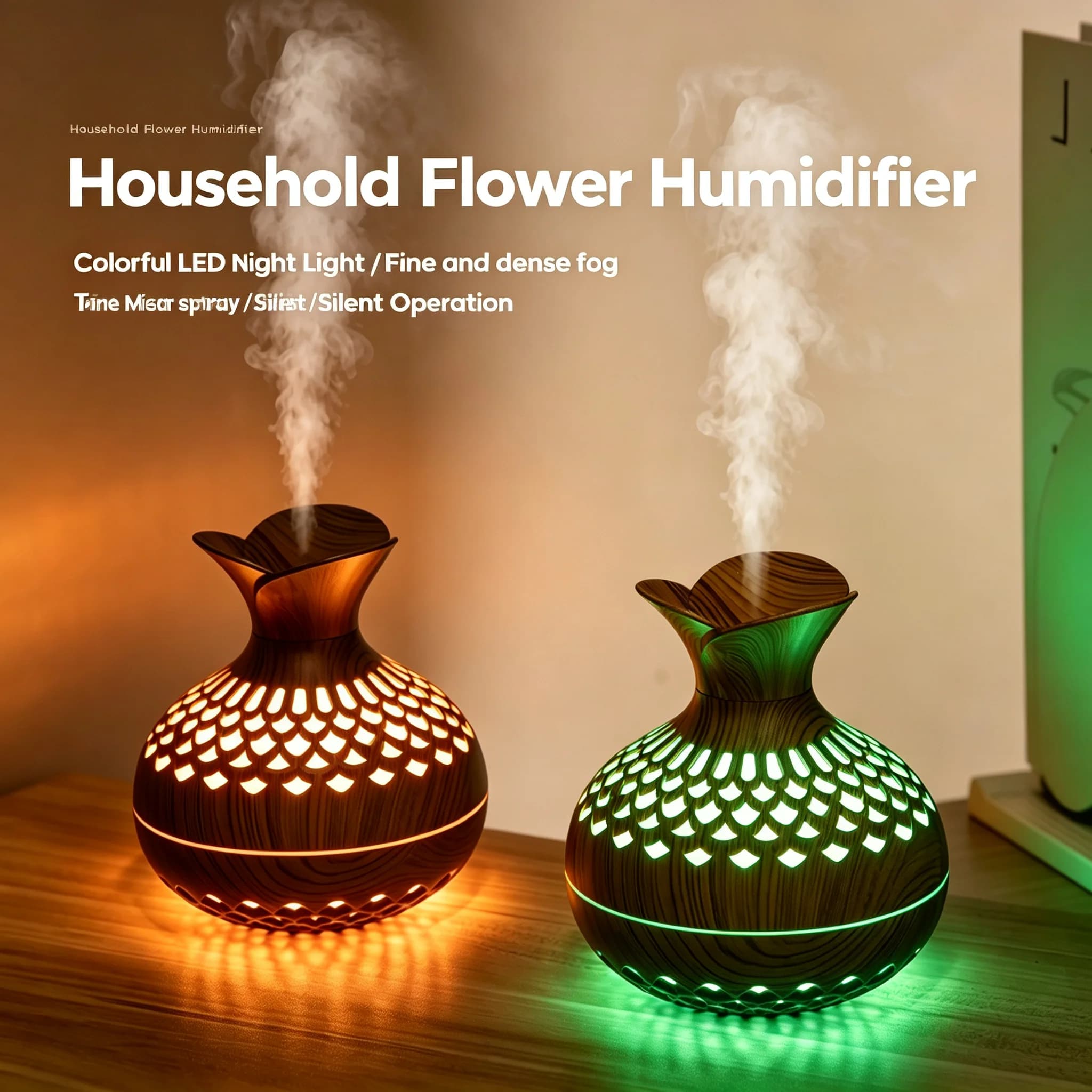 300ML Wood Grain Flower Humidifier USB Silent Aroma Diffuser with Colorful LED Night Light,2 Modes for Home Bedroom Desk Gift
