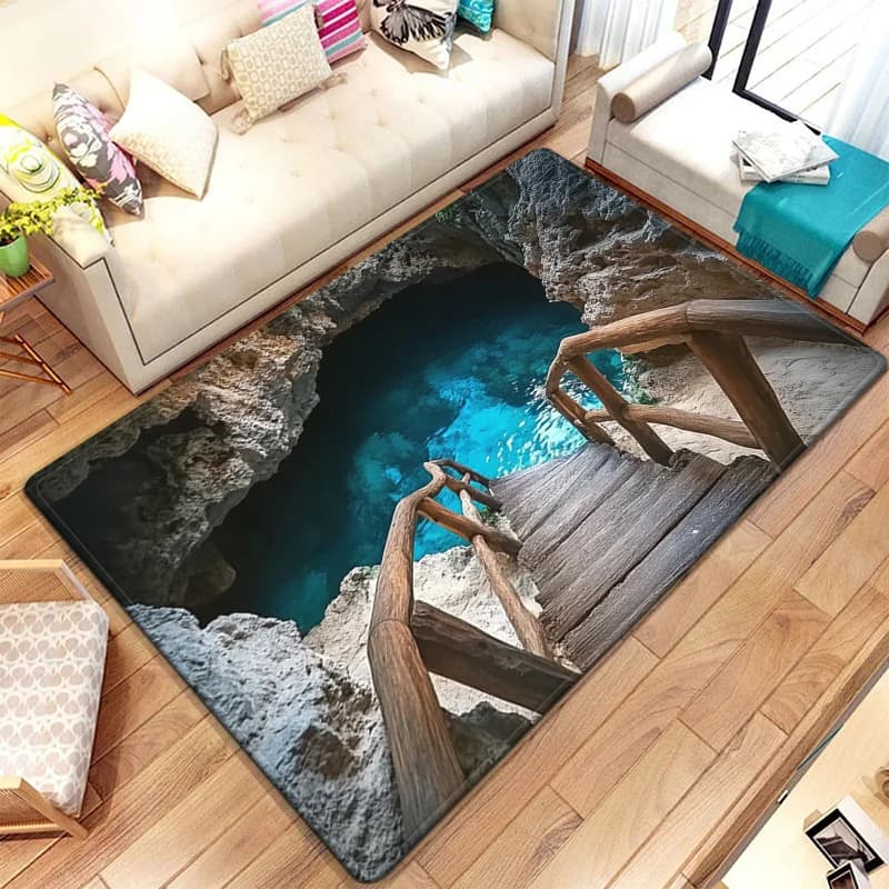 Realistic Tropical Ocean Cave Seascape Grotto Print Rug Area Carpet Luxury Mediterranean Beach Coastal Floor Decor Mat