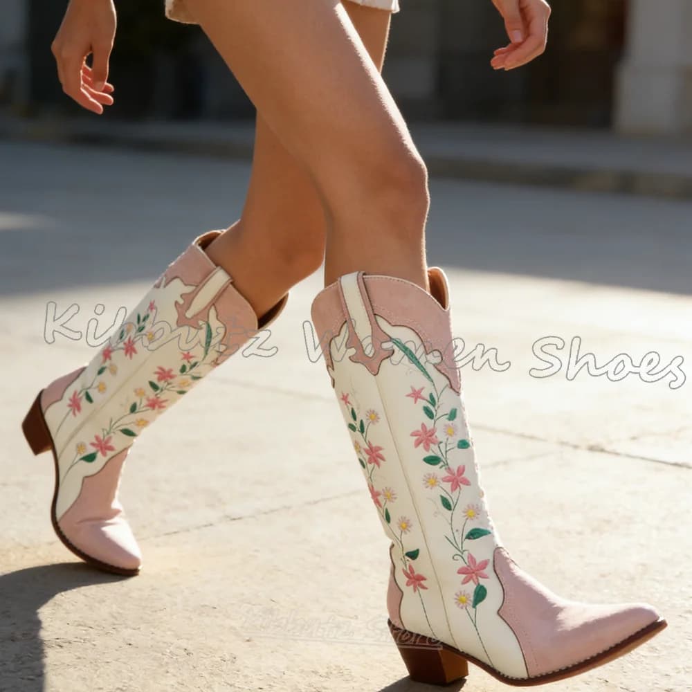 Embroidery high knee boots slip-on patchwork color mixed women shoes new big heels fashion new sexy concise luxury