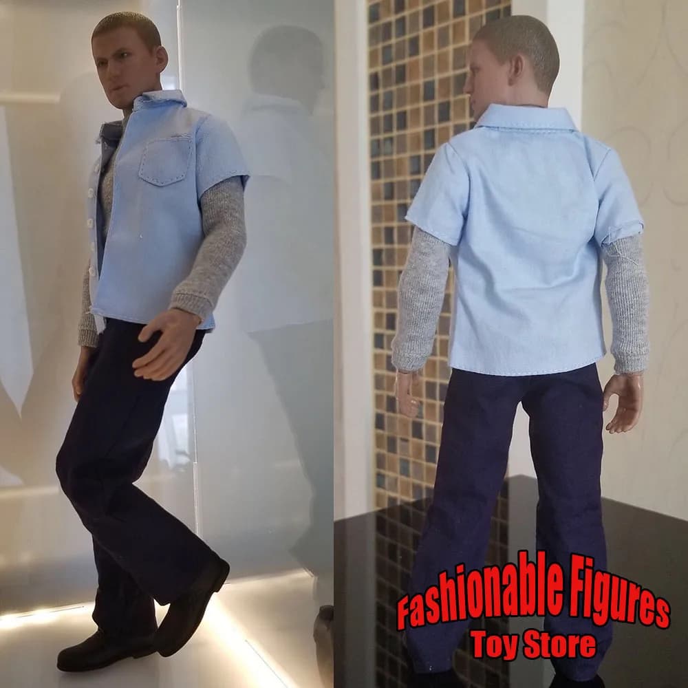 1/6 Uomini Soldato Prigione Pausa Attore Prigione Uniforme Camicie T-Shirt Grigia Pantaloni Blu Modello Per 12 Pollici Action Figure Corpo