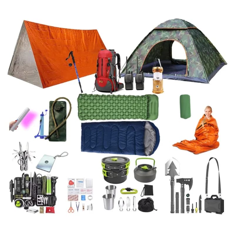 Kit di Sopravvivenza Professionale Personalizzato per 2-3 Persone, Attrezzatura per Emergenze 72 Ore, Zaino da Escursionismo, Sacco a Pelo, Tenda da Campeggio
