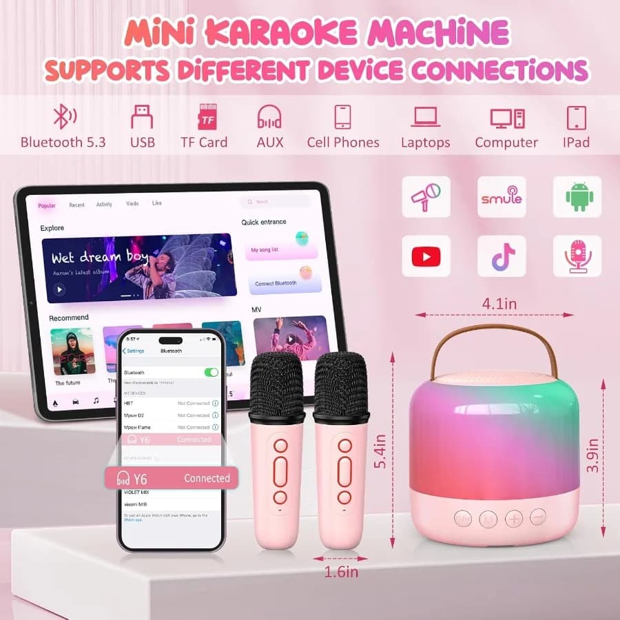 Mini macchina per karaoke con 2 microfoni wireless Altoparlante Bluetooth portatile, regali di compleanno e vacanze per bambini, ragazze e ragazzi