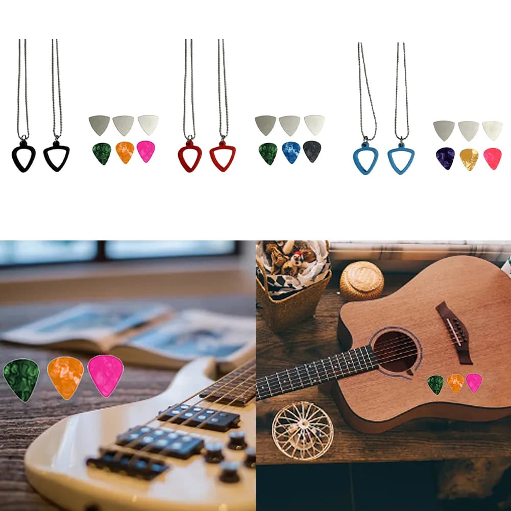 2Set/6PCS Guitar Pick Holder With Picks Random Color Guitar Pick Holder Necklace Stainless Steel Picks Colorful Celluloid Pick