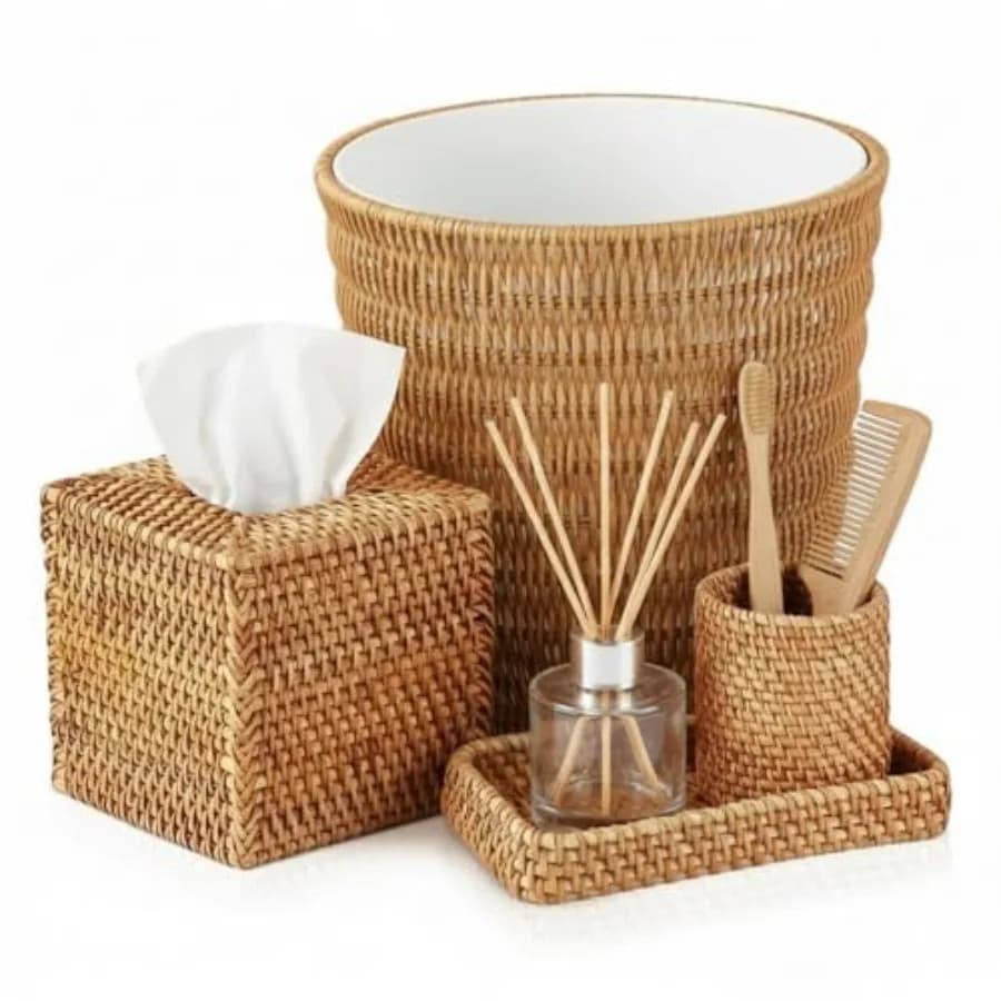 Set di 5 Cestini in Vimini per Bagno, Porta Carta Igienica in Rattan, Porta Spazzolini con Vassoio e Cestino in Vimini, Cestino per Rifiuti in Plastica