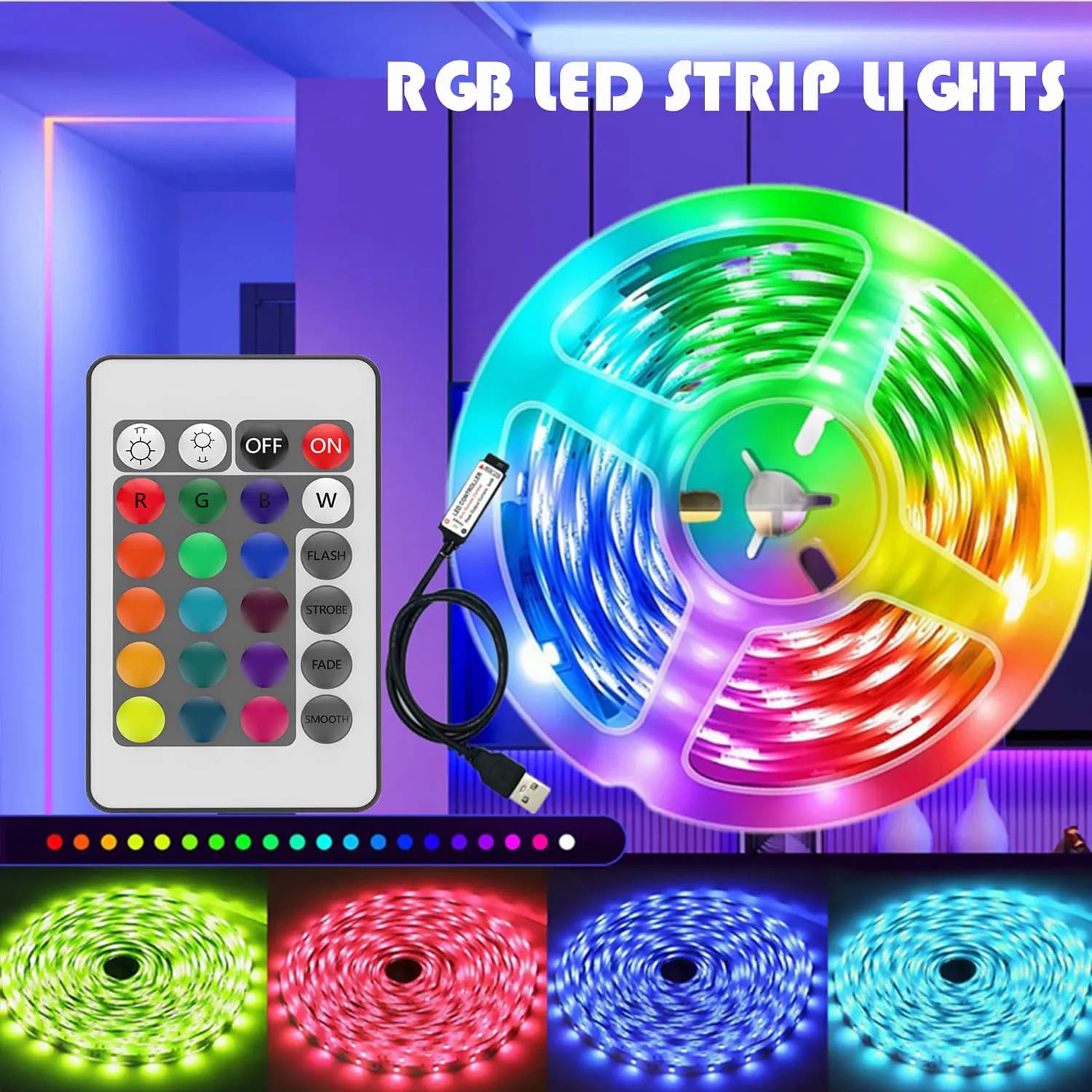 24 Keys Remote RGB LED Light Strip, USB Operated Color Changing Lamp for Home Kitchen Bar & Bedroom Decoration