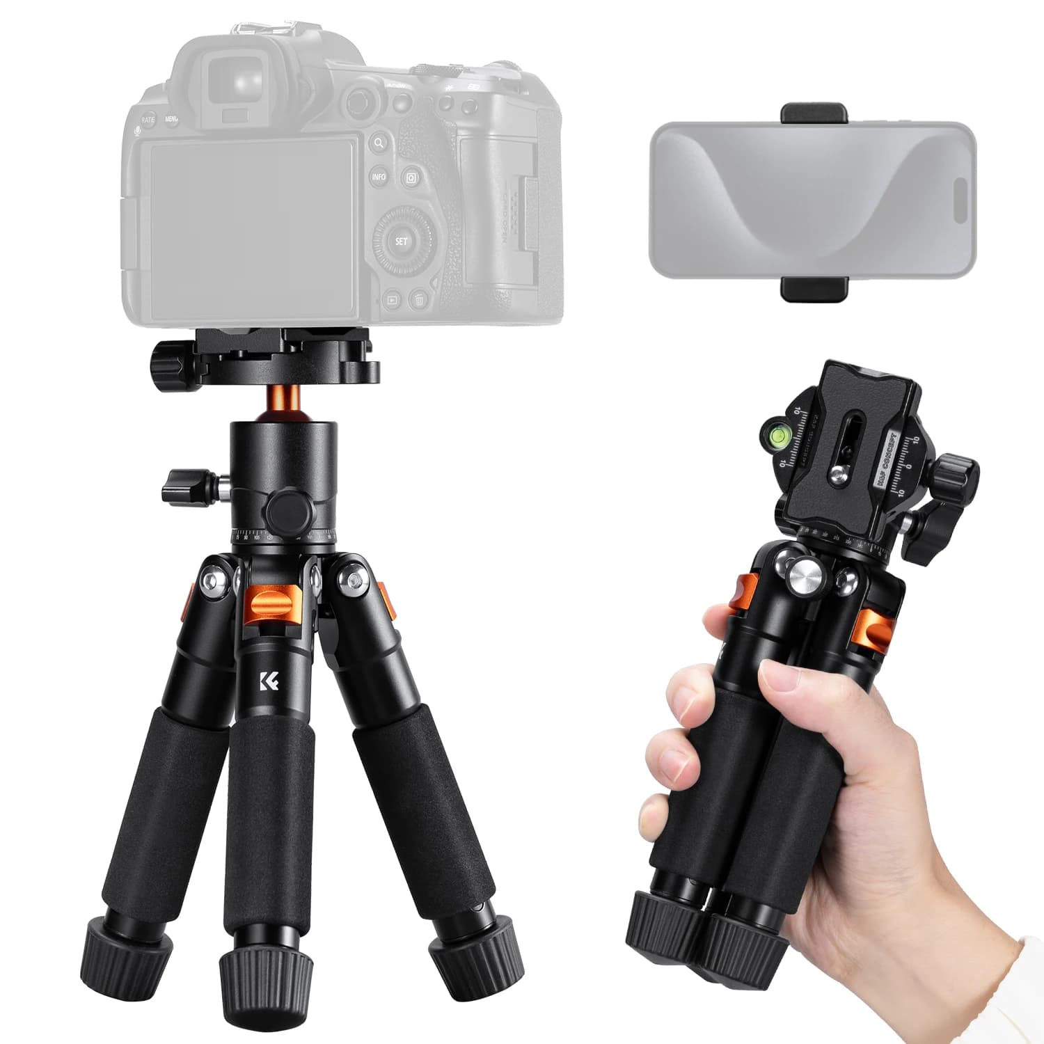 K&F CONCEPT Mini treppiede da tavolo compatto da 21,6'' con testa a sfera, portata fino a 6 kg, piastra a sgancio rapido da 1/4 di pollice