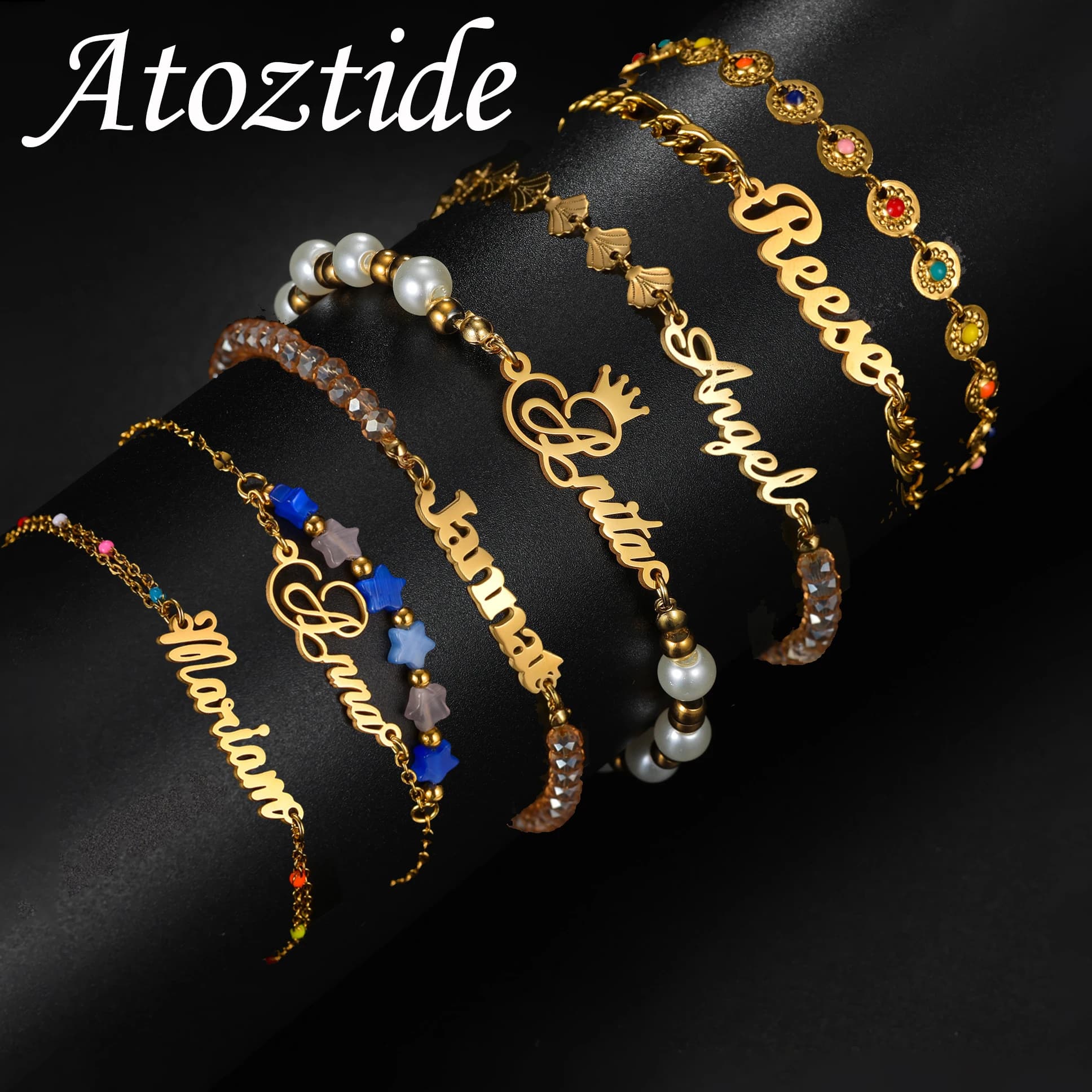 Atoztide Bracciale con nome personalizzato per donna Gioielli personalizzati in acciaio inossidabile Bracciale a catena con perline fatto a mano Regalo per festa di compleanno