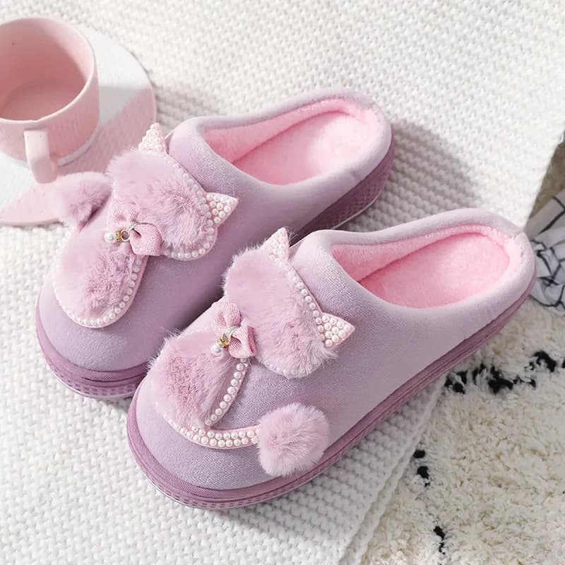 Women Winter Warm Plush Slippers Ladies Indoor Home Cotton Cute cat slippers Female Flat Shoes Shollow Thick Heels Pointed Toe