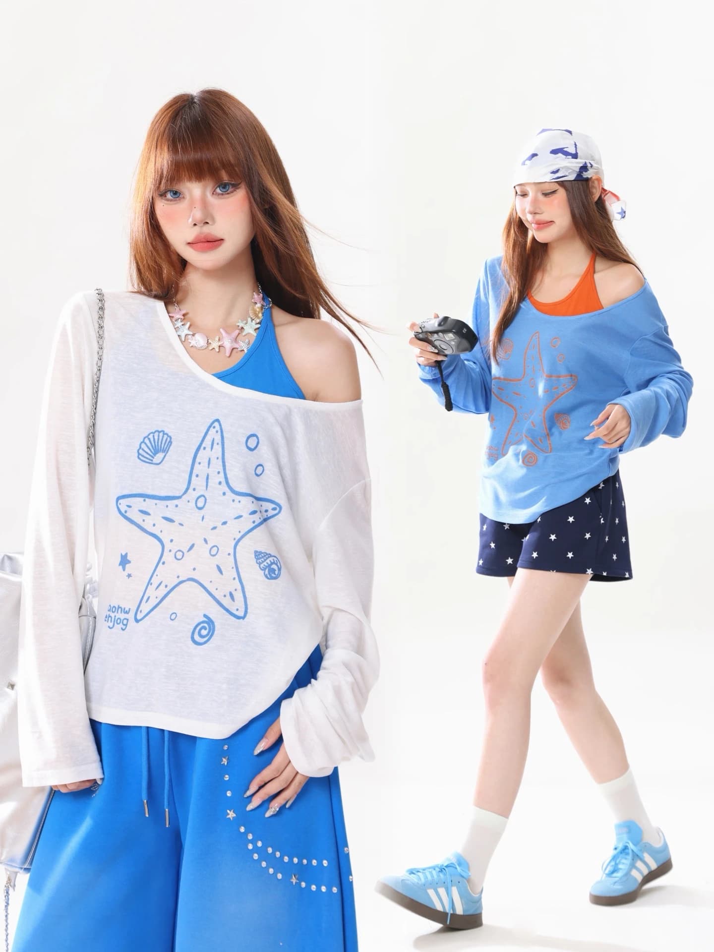 AONW Star Sea Long Sleeve T-Shirt Women's Spring Summer New Loose Lazy Cool Feeling Sunscreen Vest Two-Piece Set Ladies Top