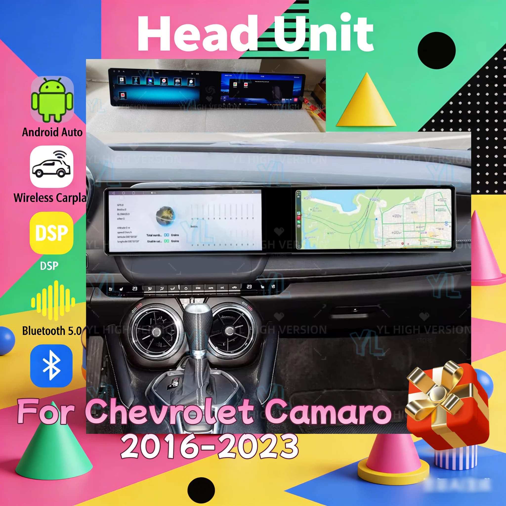 Schermo Touch YF da 12,3 Pollici, Doppio Schermo Android 13.0 per Chevrolet Camaro 2016-2023, Autoradio Android Auto con Bluetooth 5.0 e 4G