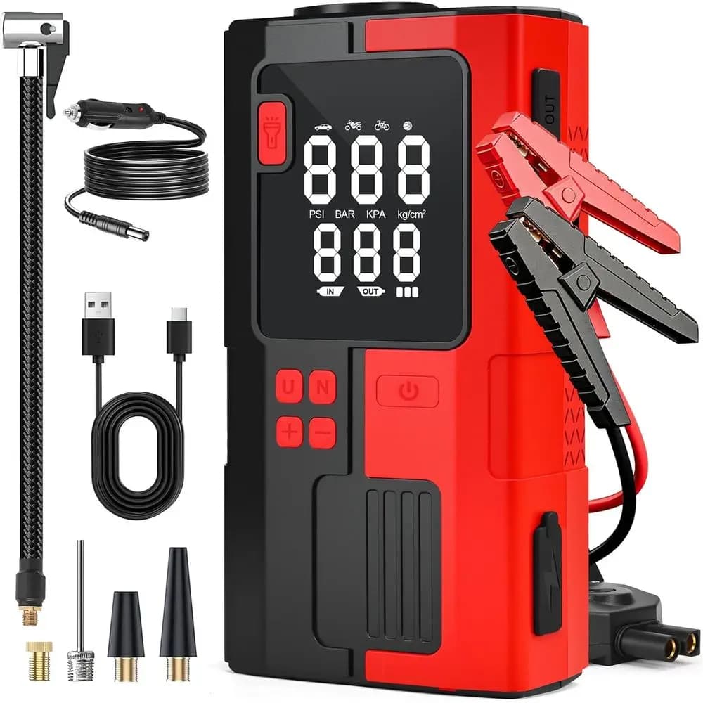 Avviatore di Emergenza Portatile 5000A con Compressore d'Aria, Batteria 16.8V, Luce LED, Gonfiatore Pneumatici, Cavi di Avviamento