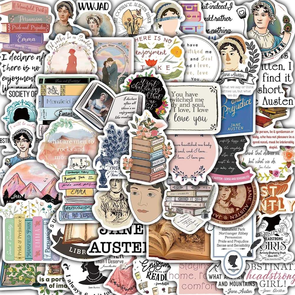 50PCS Stickers Jane Austen Print Notebook Motorcycle Streetwear Laptop Luggage Living Room Student Graffiti Waterproof Stickers