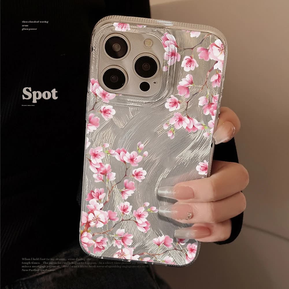 Feather Texture Phone Case For iPhone 17 Pro Max 15 16 14 13 12 11 8 7 Plus Pro 16E Air Vintage Cherry Blossom Hard Matte Cover