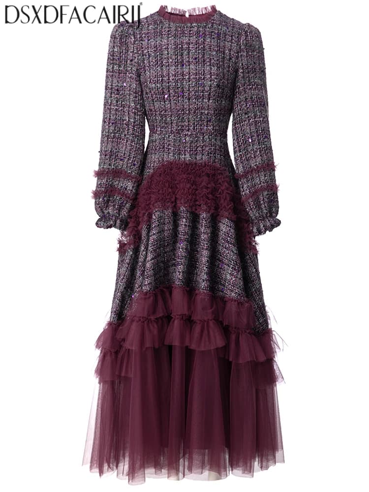 DSXDFACAIRIJ Women's O-Neck Long Sleeves Ruffles Mesh Big pendulum Vintage Sequins knitwear Maxi Dresses Fashion Autumn Females