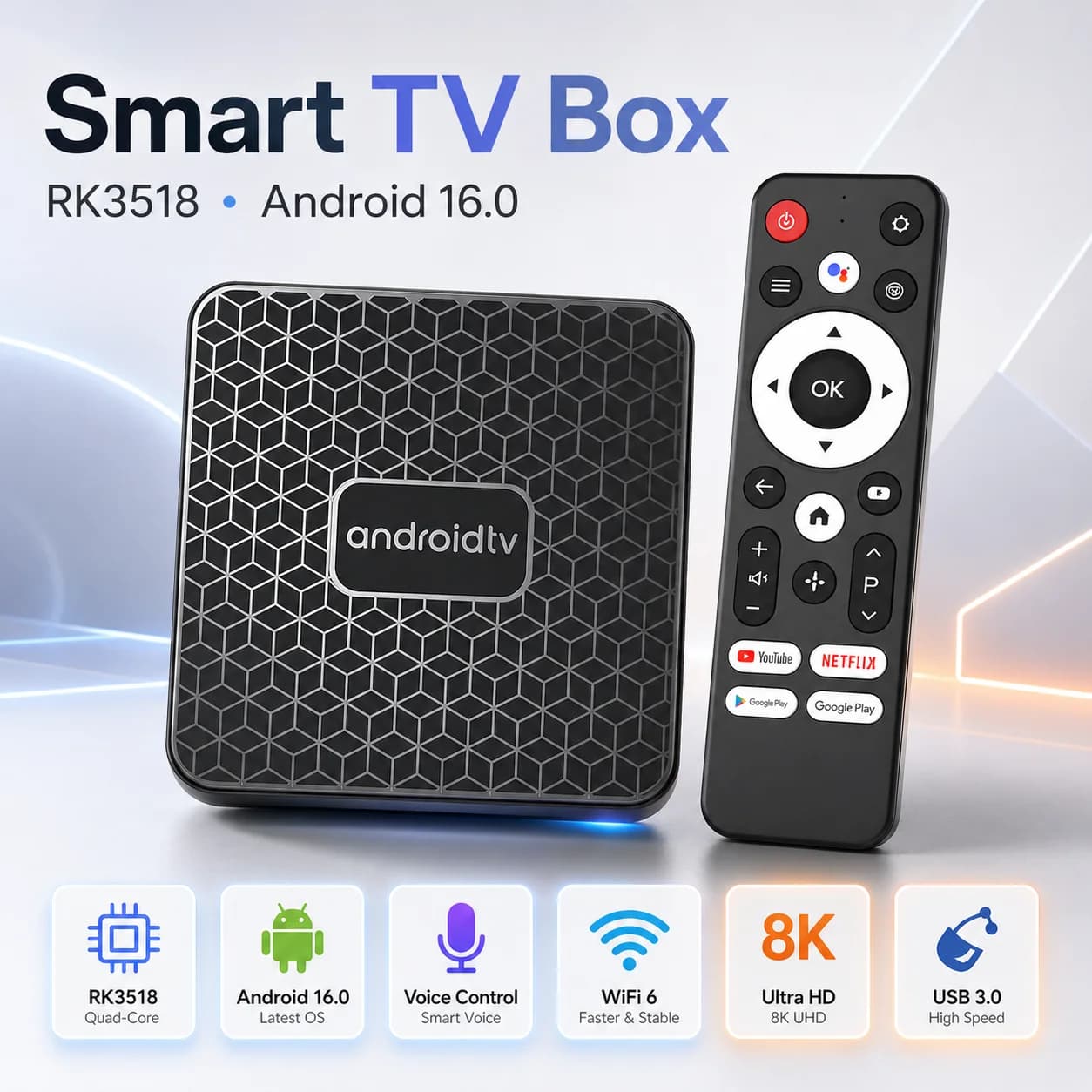 Box TV Android 16.0 RK3518 con WiFi 6, 8K UHD, Controllo Vocale, USB 3.0, Quad Core, Lettore Multimediale in Streaming con Telecomando