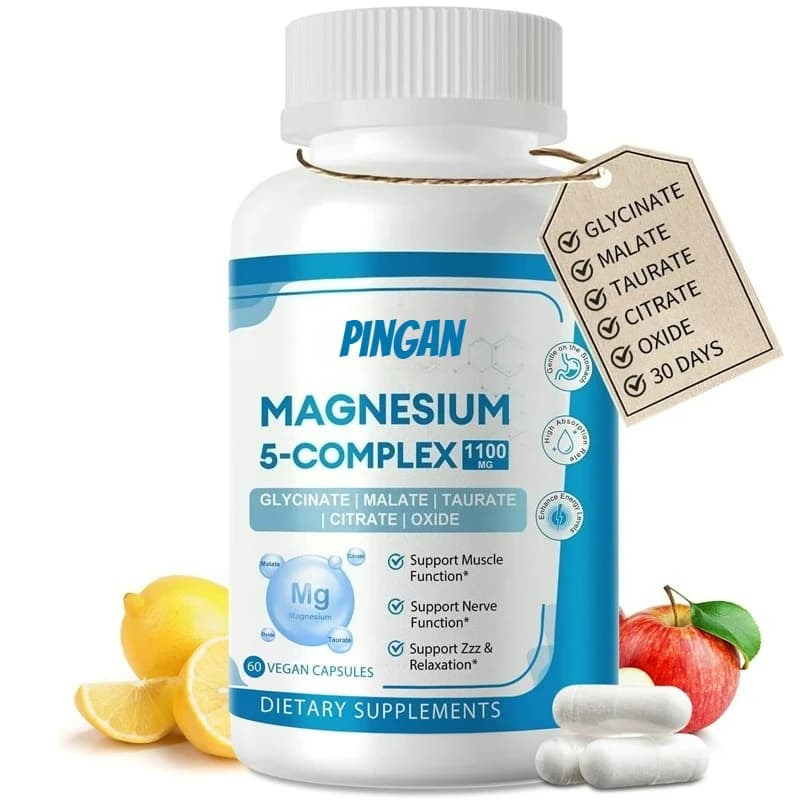 Integratore composto di magnesio 5 in 1, contenente vitamine, glicina, magnesio, acido citrico, acido malico, vegano