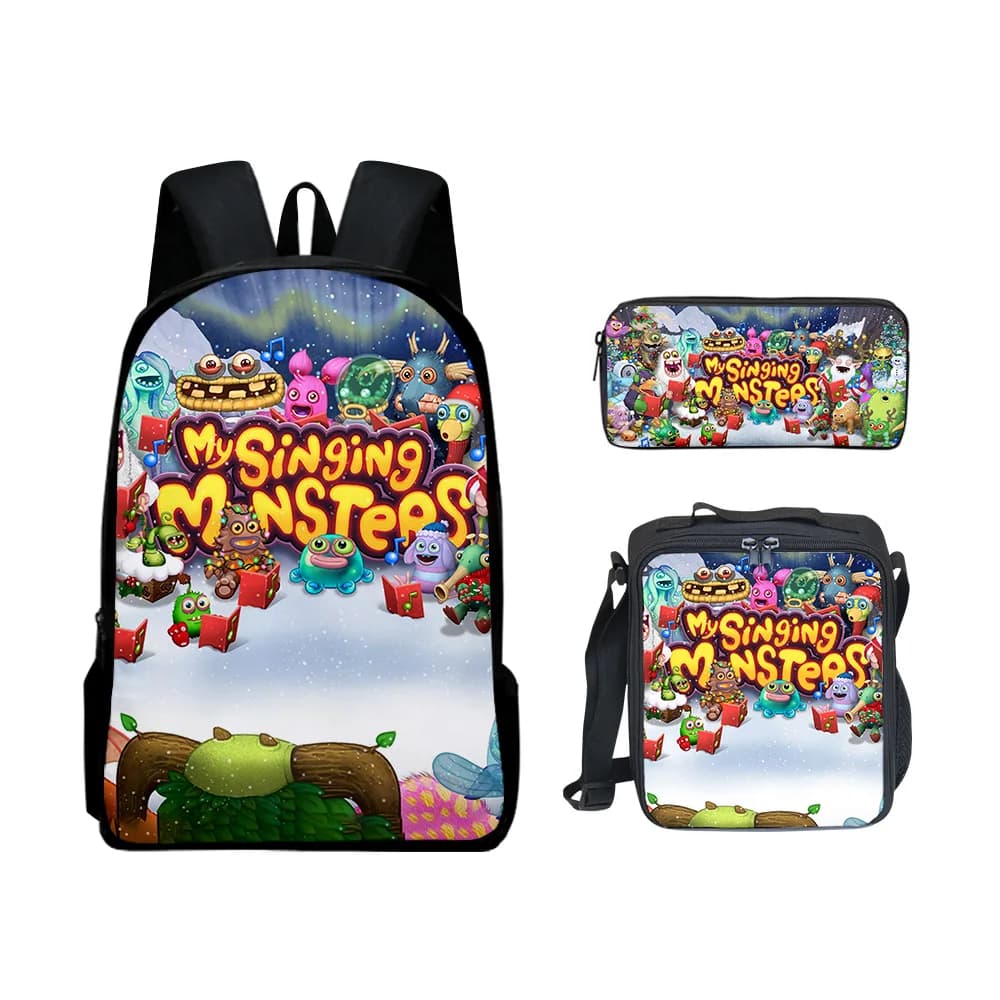 Harajuku Youthful Funny my singing monsters 3D Print 3pcs/Set Student Travel bags Laptop Daypack Backpack Lunch Bag Pencil Case