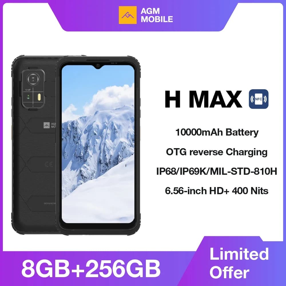 AGM H MAX Smartphone robusto 8+256GB 10000mAh Batteria HD+ Display 3 slot per schede NFC OTG Carica inversa Impermeabile
