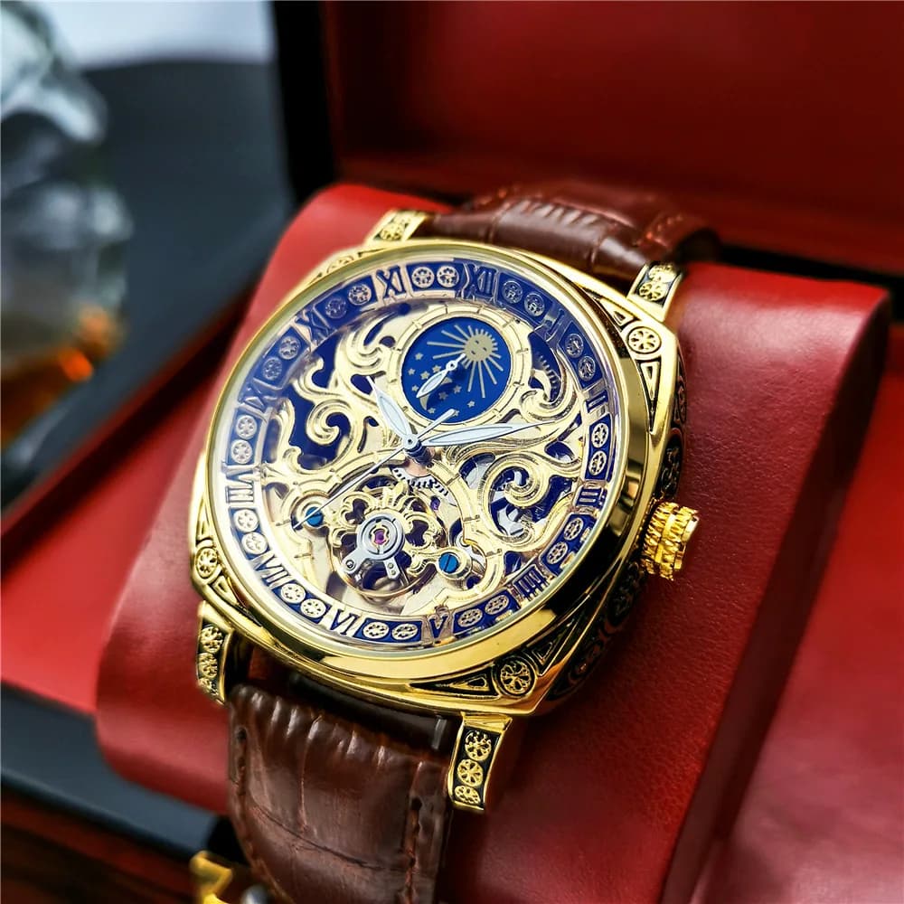 AOKULASIC Business Watch for Men Moon Phase Tourbillon Skeleton Automatic Mechanical Watches Leather Strap Retro Wristwatches