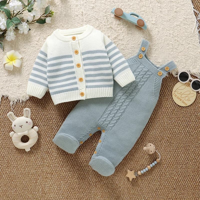 Set di Abbigliamento per Neonati, Maglione Lavorato a Maglia per Bambini e Bambine, Tutina a Righe, Cardigan alla Moda, Pagliaccetto Avvolgente 0-18 Mesi, 2 Pezzi, Autunno