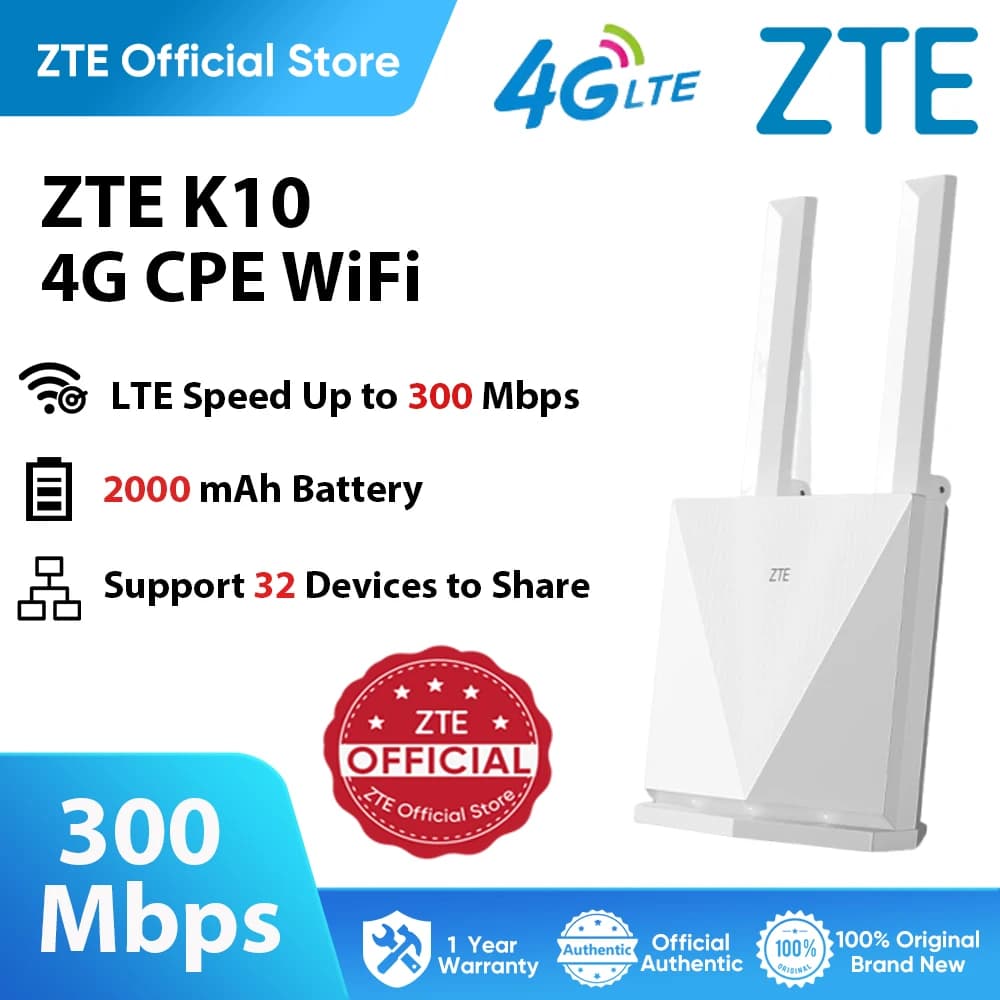 Router WiFi wireless ZTE K10 4G CPE 300Mbps Batteria da 2000 mAh Estensore di portata WIFI senza scheda 32 utenti per condividere casa e ufficio