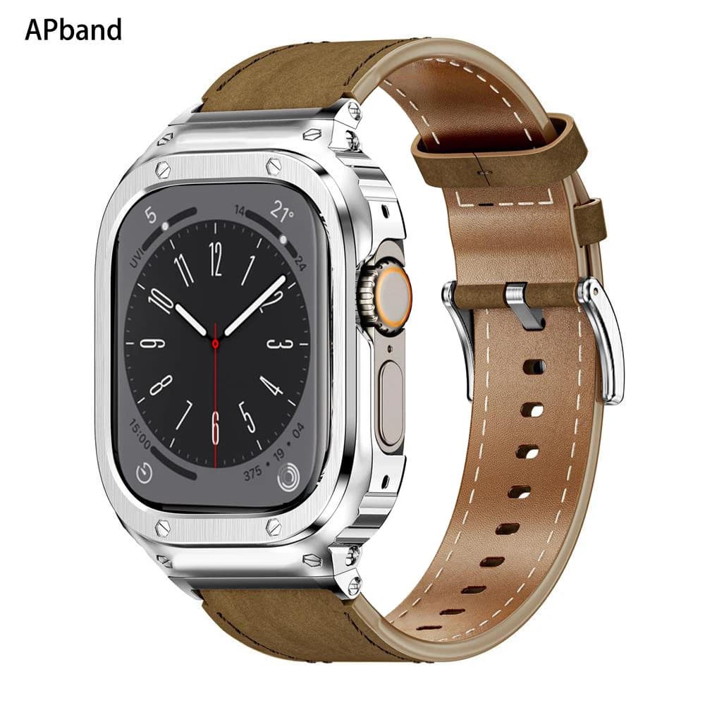 Custodia in metallo + cinturino in vera pelle per cinturino Apple Watch 49mm 44mm 45mm 40mm 41mm bracciale correa serie iwatch se 4 5 6 7 8 ultra