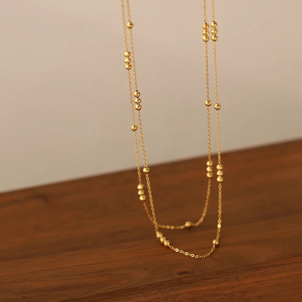 New Non-fading Stainless Steel Double Layer Gold Color Tiny Ball Beaded Necklace for Women Stacked Clavicle Chain Casual Jewelry