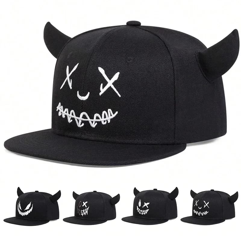 Cappelli hip-hop unisex con faccina sorridente e corna di mucca, cappellini da baseball sportivi casual regolabili per primavera e autunno, cappello con protezione solare.