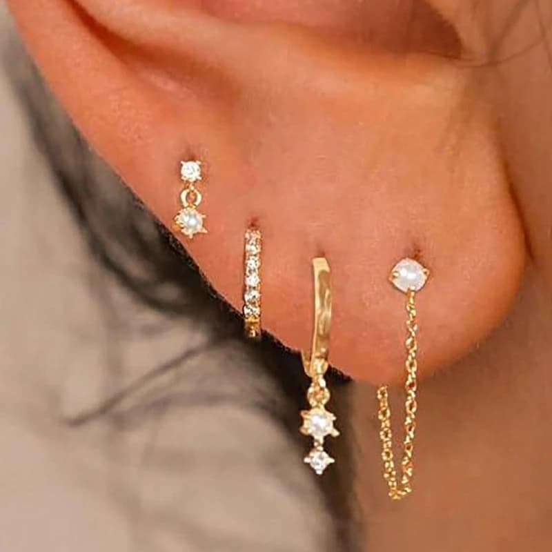4pcs White Synthetic Zirconia Inlaid Golden Color Earrings Set, Elegant Jewelry Gift for Women, Suitable for Stacking and Daily/Festival Matching