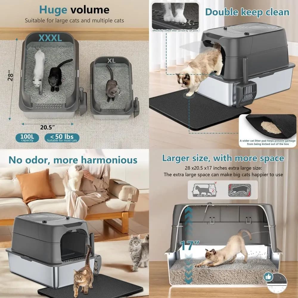 Lettiera per gatti extra large in acciaio inossidabile con coperchio, 26 x 18 x 17, 400 sacchetti igienici per gatti e tappetino igienico, antiaderente, a prova di perdite, facile da pulire
