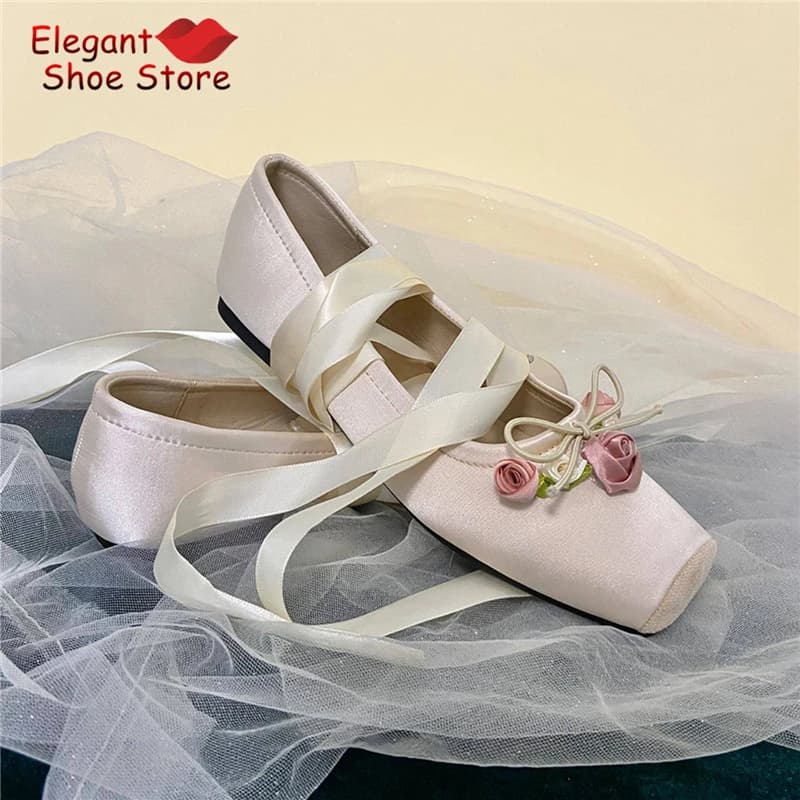 White and Pink Satin Ballerina Shoes with Pink Women's Decorations, French Style, Square Toe, Cross Strap, New Elegant Fairy Low Shoes