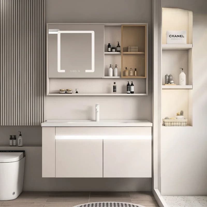 Mobili da bagno moderni a parete Armadietto a specchio intelligente Lavabo integrato in ceramica Lavandino da bagno Mobile da bagno