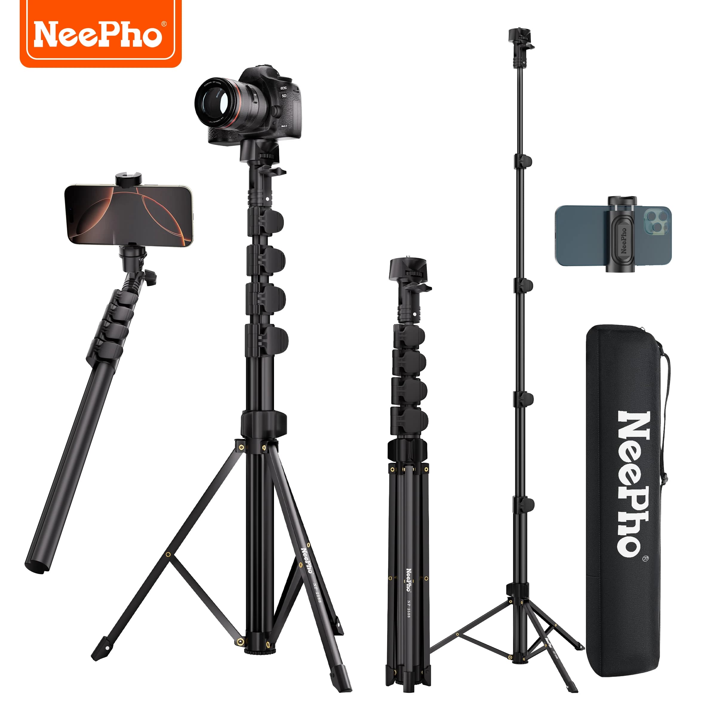 NeePho NP-2588 180cm Multi-angle Aluminum Alloy Tripod Selfie Stick with Cold Shoe Mount, Compatible with Phones and Cameras