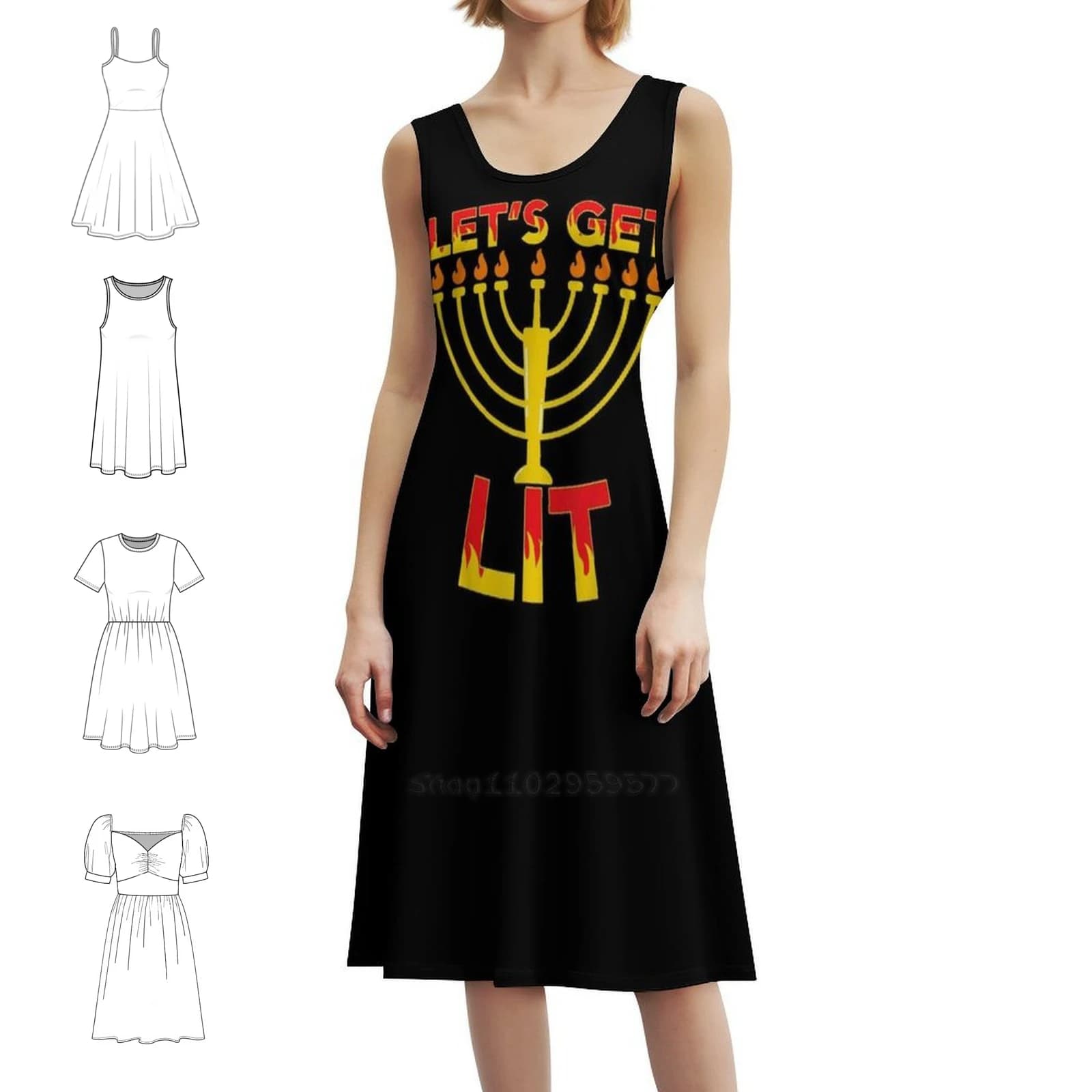 Let39 ; S Get Lit Divertente ebraico Hannukah Candle Holiday Abito da festa elegante da donna Abito a trapezio con corto/lungo/senza maniche