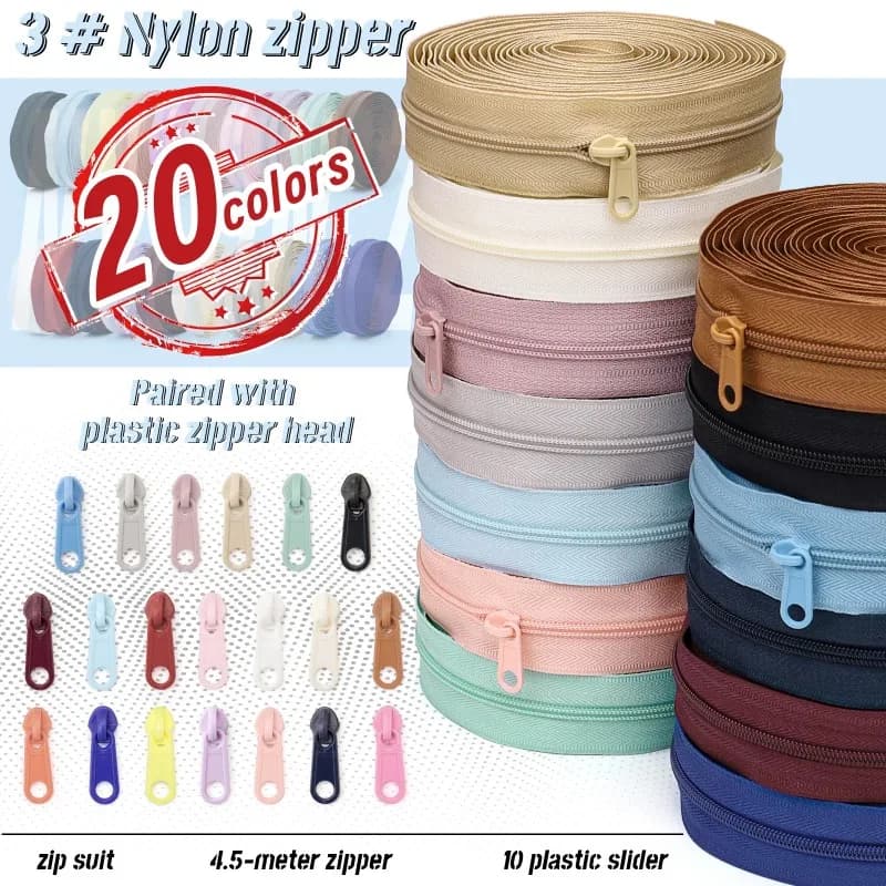 1 group = 4,5 m zipper + 10 plastic zipper heads, 20 optional colors, diy replacement zipper to sew the house