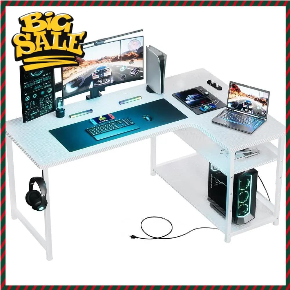 Bestseller Scrivania Regolabile in Altezza, a L, Effetto Carbonio, con Porta Cavi, Supporto per Monitor, Gestione Cavi, 30.7-46.4 Pollici