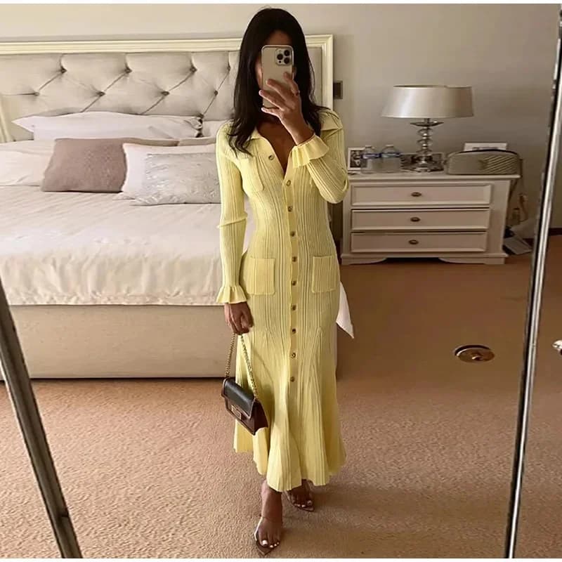Stylish single-breasted ribbed women's knitted slime pockets flared sleeve women's dresses fall Lady Solid Robes