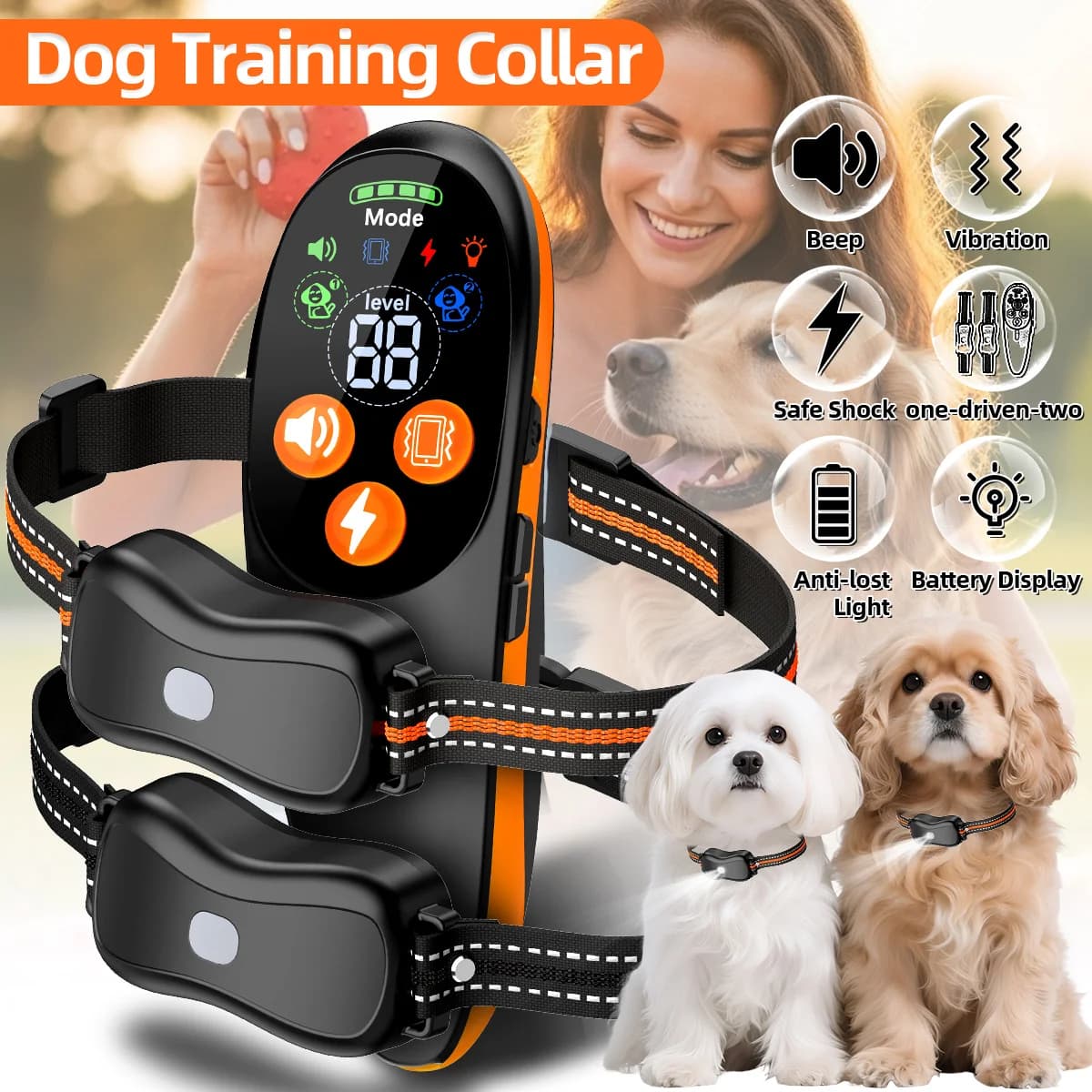 Collare Elettrico per Addestramento Cani ORCLEAB con Telecomando Impermeabile a Lungo Raggio per Cani da 2,3-54 kg con Funzione Shock e Vibrazione