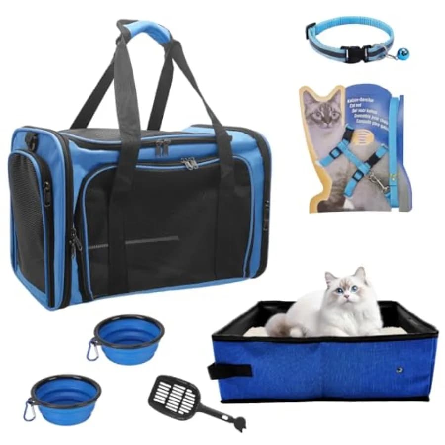 Trasportino Morbido Pieghevole per Gatti da Viaggio e Campeggio, Max 9 kg, 45 x 30 x 30 cm, Borsa da Viaggio Blu per Animali Domestici con Lettiera, per Interni ed Esterni