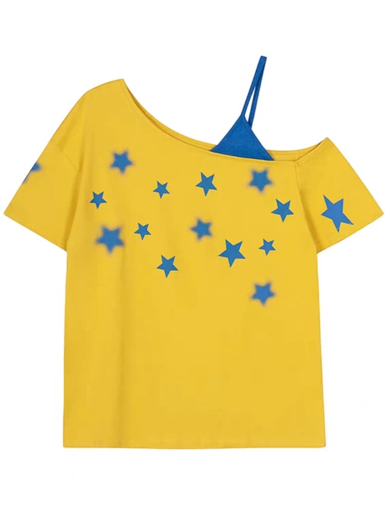 Top 100% cotone con spalle scoperte da donna, set finto due pezzi Y2k con grafica a stella, t-shirt oversize a maniche corte con cinturino, maglietta estiva.