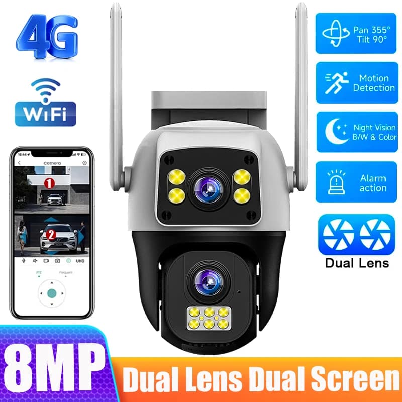 Telecamera IP PTZ 8MP 4G con Scheda SIM, Doppia Lente, Doppio Schermo, WiFi Wireless, Rilevamento Umano, Protezione di Sicurezza per Esterni