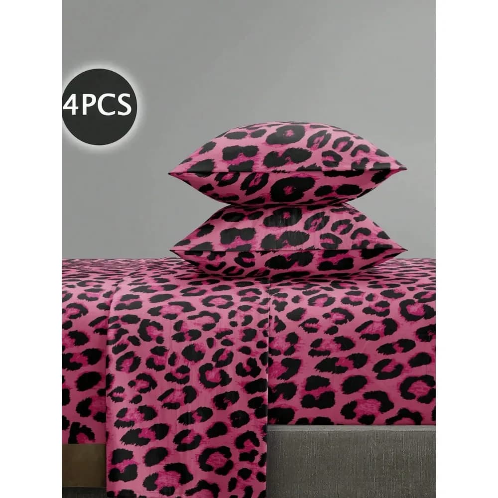 Set di Biancheria da Letto con Stampa Leopardata Fucsia, Set in Morbida Microfibra con Motivo Floreale, 1 Lenzuolo, 1 Copriletto, 2 Federe, Adatto per Letto Matrimoniale
