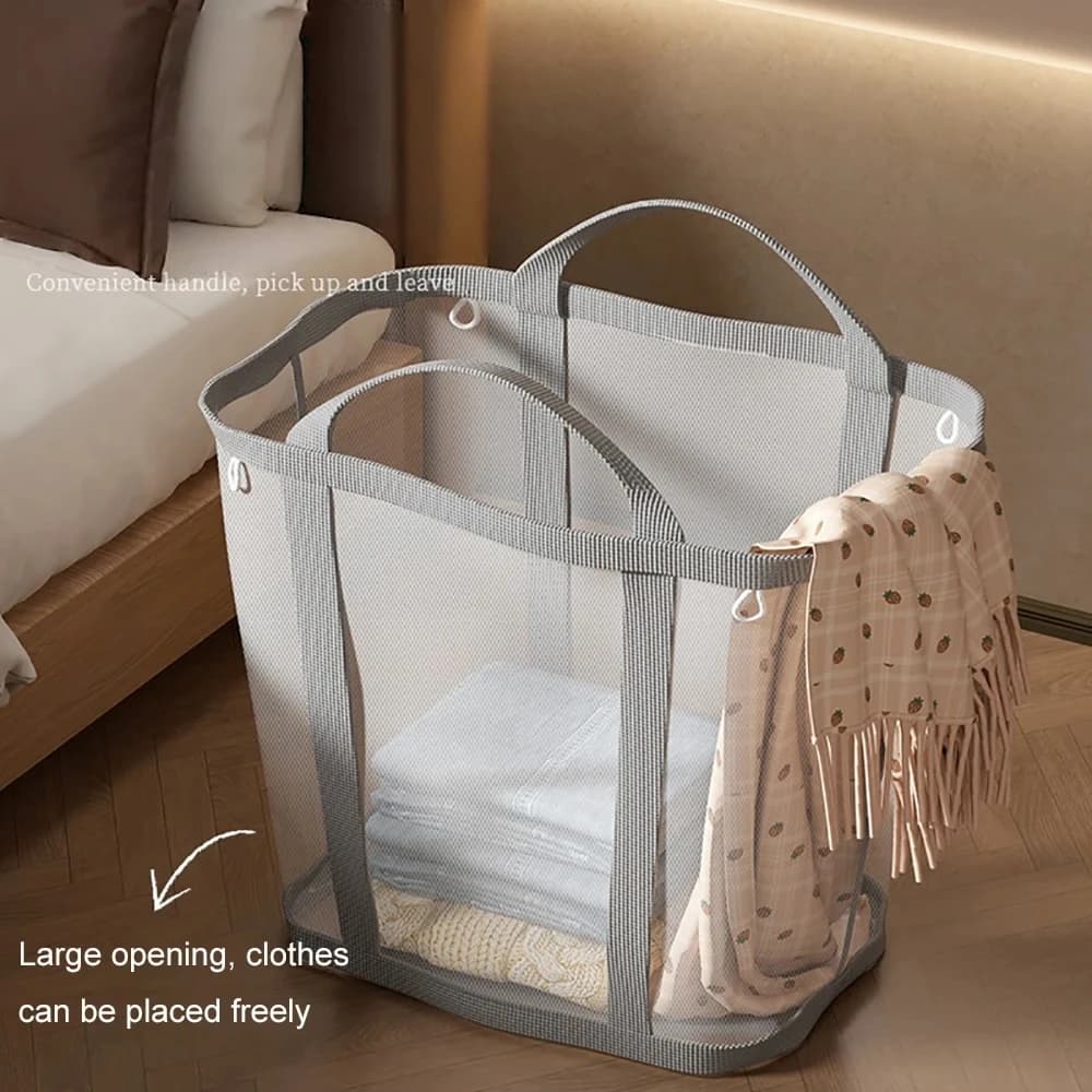 Nylon Mesh Laundry Basket Large Capacity with Handle Breathable Folding Portable Dirty Clothes Organizer Bags Toys Storage Bag