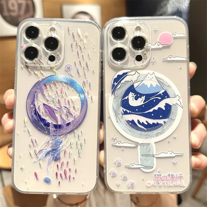 Custodia Trasparente con Motivo Delfino Cartoon Carino e Magnetico MagSafe per iPhone 17 16 15 12 13 11 Pro Max 14 Plus, Cover per Ricarica Wireless
