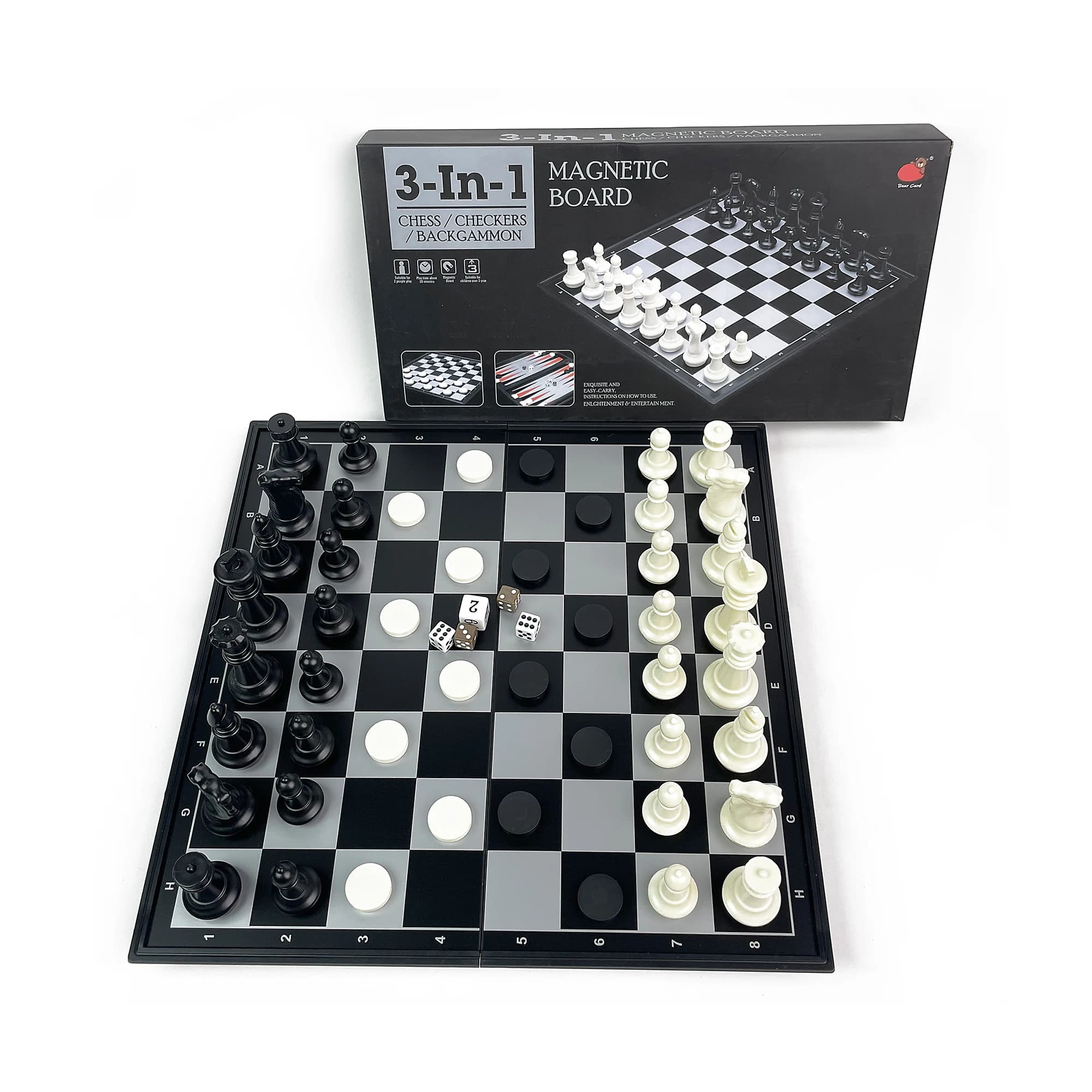 Set da Gioco 3 in 1 Pieghevole Magnetico: Scacchi, Dama e Backgammon, 35,8cm x 36,1cm, Portatile da Viaggio in Plastica