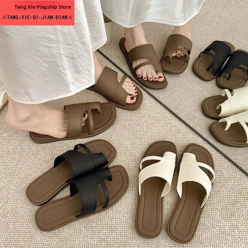 Fashionable Summer Outdoor Flat Bottom Slippers Women's Slip-On Slippers Trendy Fairy Wind Matching Skirts Home Slippers