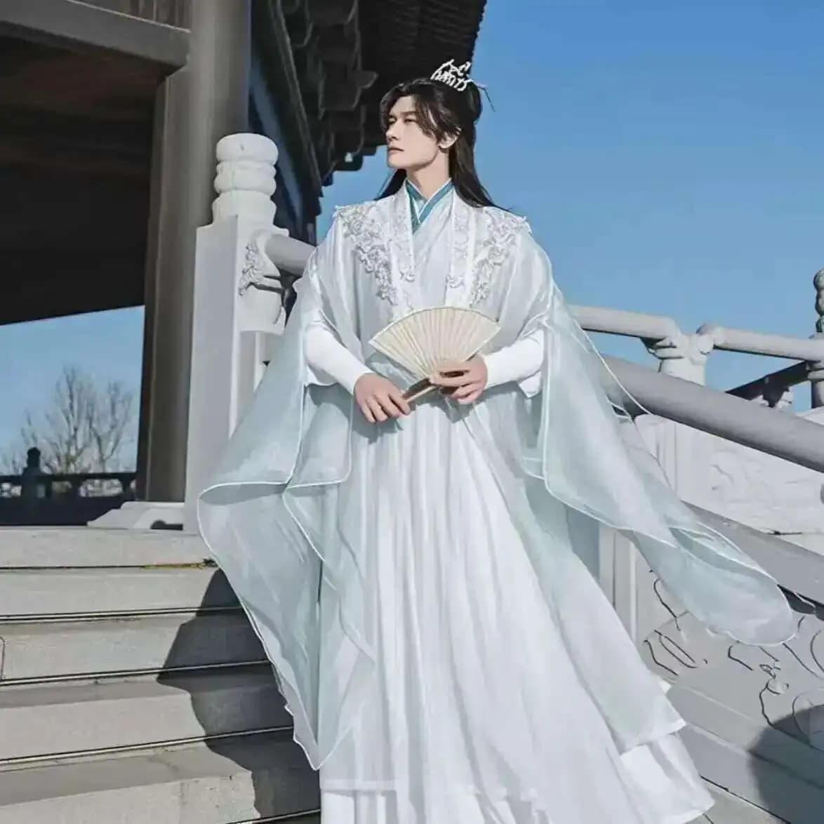 Chinese Men's Embroidered White Cosplay Costume Hanfu Large Size 3XL Set Hanfu Antique Cosplay Costume Halloween Hanfu Blue