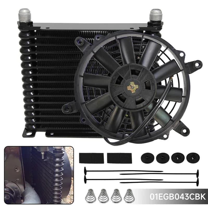 Radiatore Olio Motore/Trasmissione da Corsa in Alluminio AN10 32mm a 15 File + Kit Ventola Elettrica da 7 Pollici Nero