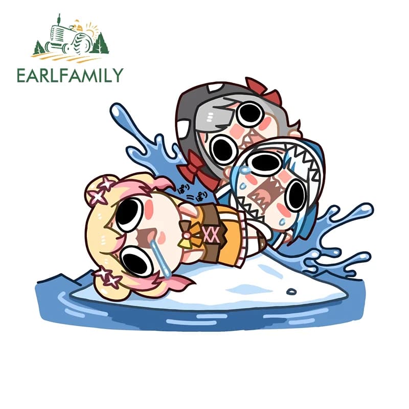 EARLFAMILY Gawr Gura Car Sticker, truck, bumper, window, artistic, waterproof, for fishing box, vinyl, racing accessories, decoration
