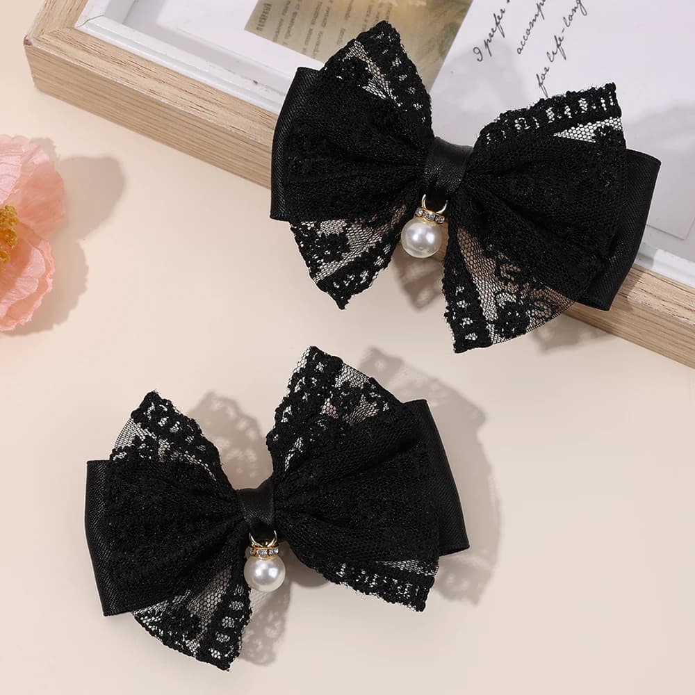 2 pieces hair clips with bow in lace flower elegant sweet pearl pendant fork in net for girls kids horsetail headdress accessories